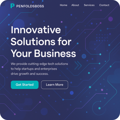 Mock up of a webpage designed by PenfoldsBoss. Blue technology style background, PenfoldsBoss heading.