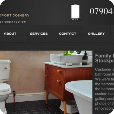 Stockport Joinery home page showing logo, phone number and a bathroom picture